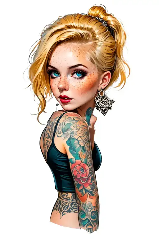 blonde rockabilly girl short hair ponytail, freckles pale skin pignose, thick cheeks, round head, no tattoos blue eyes tattoo design idea
