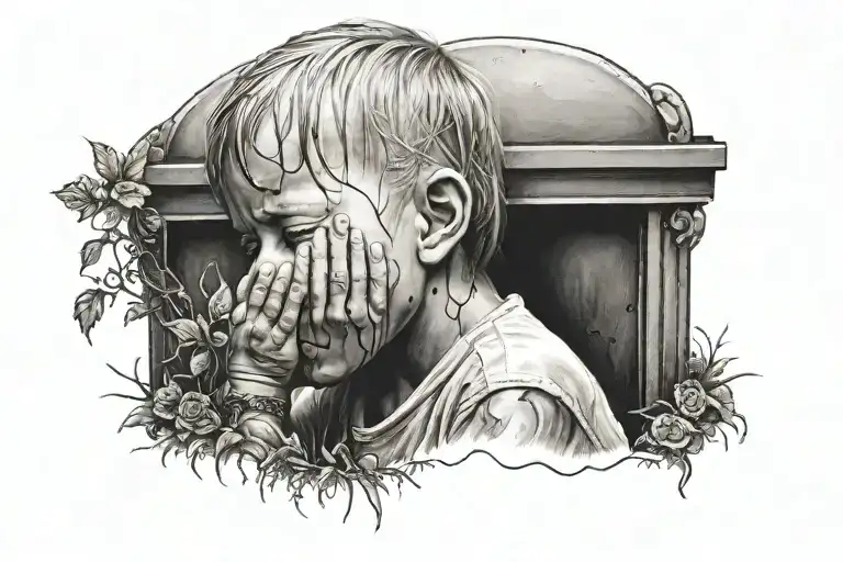 child crying in front of a grave tattoo design idea