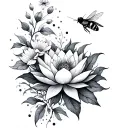 flowers blooming, colibri, bee flying, add lotuse flower, dots tattoo design idea