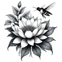 flowers blooming, colibri, bee flying, add lotuse flower, dots tattoo design idea