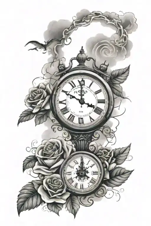 Background are clouds with lightning above a clock with Roman numerals a cross word family and loyalty and a rose tattoo design idea
