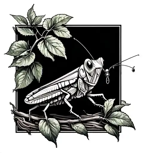 grasshopper fishing from apple tree tattoo design idea