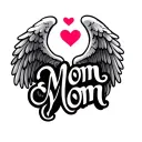 "Mom Mom" angel wings around name script font hearts tattoo design idea