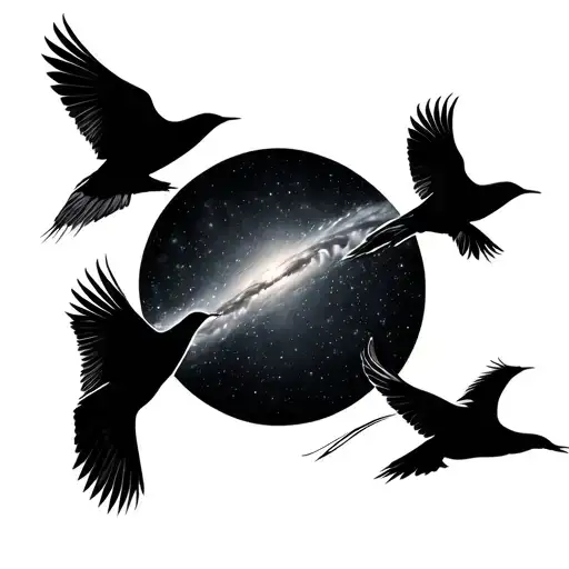 Galaxy Black And White include 5 birds flying towards tattoo design idea