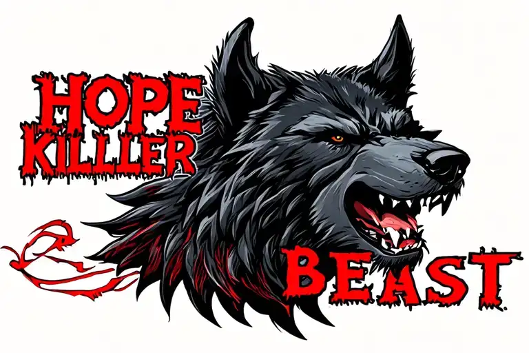 one centered black werewolf head with "HOPE KILLER" written above in red and the word "BEAST" written below tattoo design idea