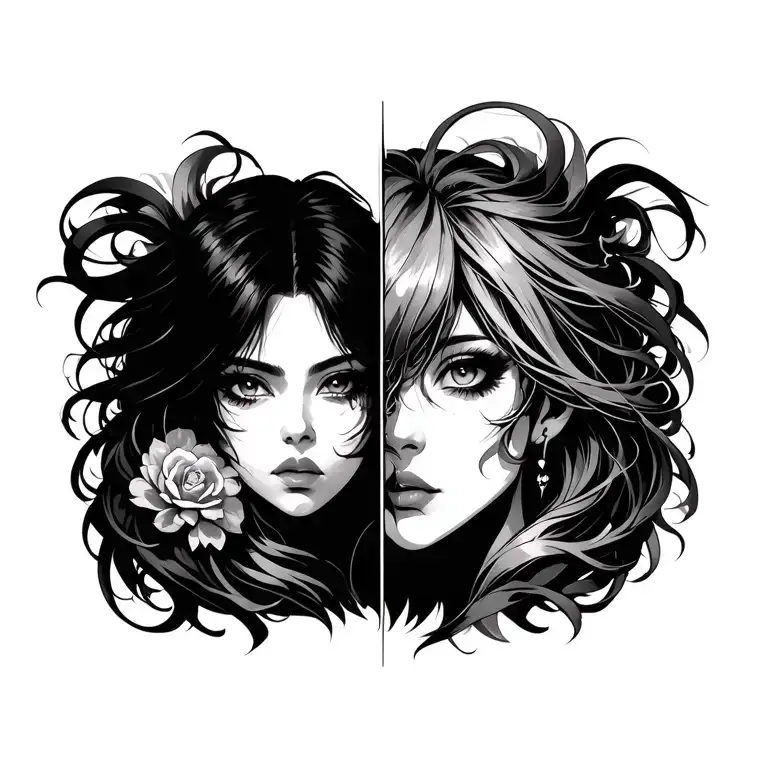 Design a vertical black & grey tattoo, 2 inches wide and 8–9 inches long. At the top, a face split down the middle: one  tattoo design idea