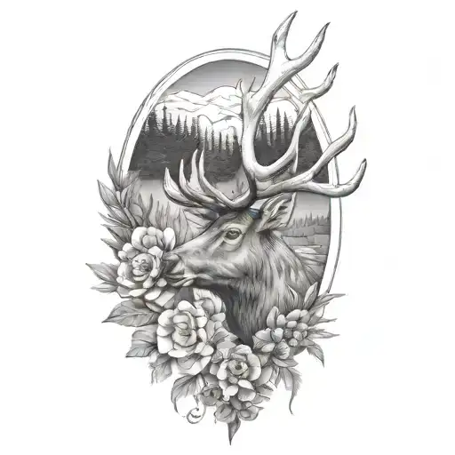 elk with antlers, brown trout, pine trees surrounded by flowers tattoo design idea