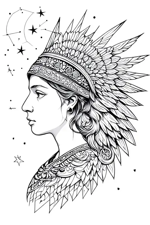 goddess athena and owl with stars and moons constellation background tattoo design idea