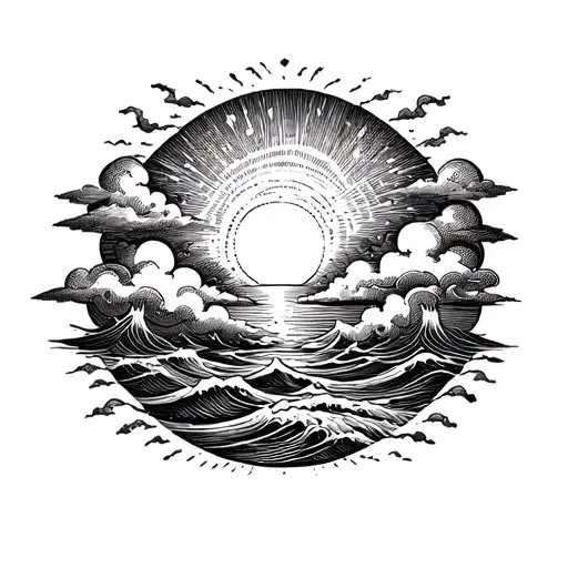 clouds, sun, sea and waves in dotwork style tattoo design idea