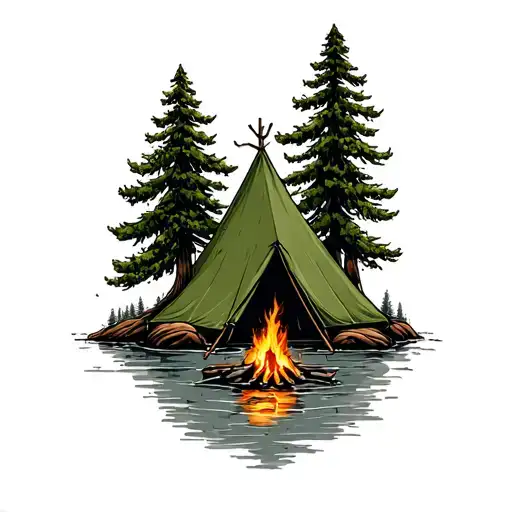 ponderosa pine tree with green canvas tent and a campfire along a river tattoo design idea