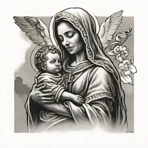 Biking mama mary holding baby jesus tattoo design idea