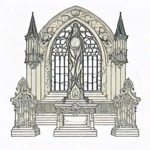 interior of a high gothic church altar. The tattoo is centered and symmetrical on the back.  large gothic windows tattoo design idea