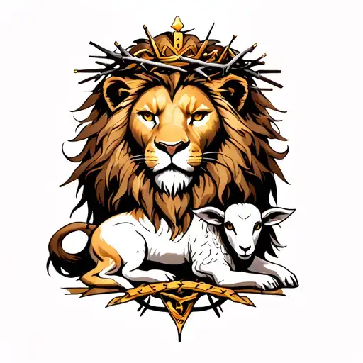 lion with crown of thorns and a lamb underneath the lion tattoo design idea