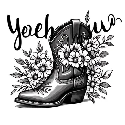 "Yeehaw" "Yeehaw" yeehaw and cowboy boot filled with flowers tattoo design idea