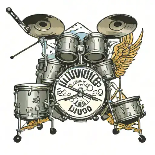 drum kit with the word Ludwig on the base drum with Mount Everest in the background and angel wings tattoo design idea