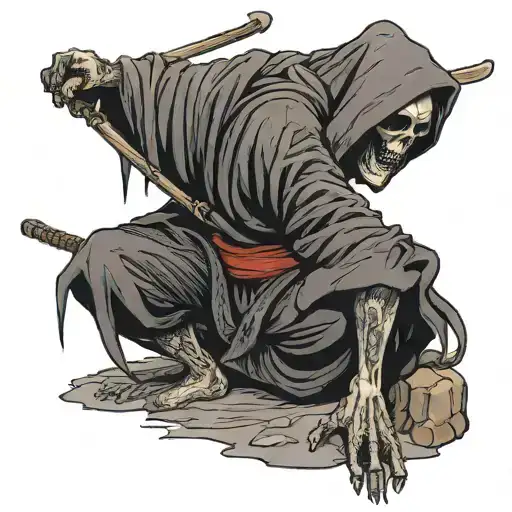 a grim reaper squatting down tattoo design idea
