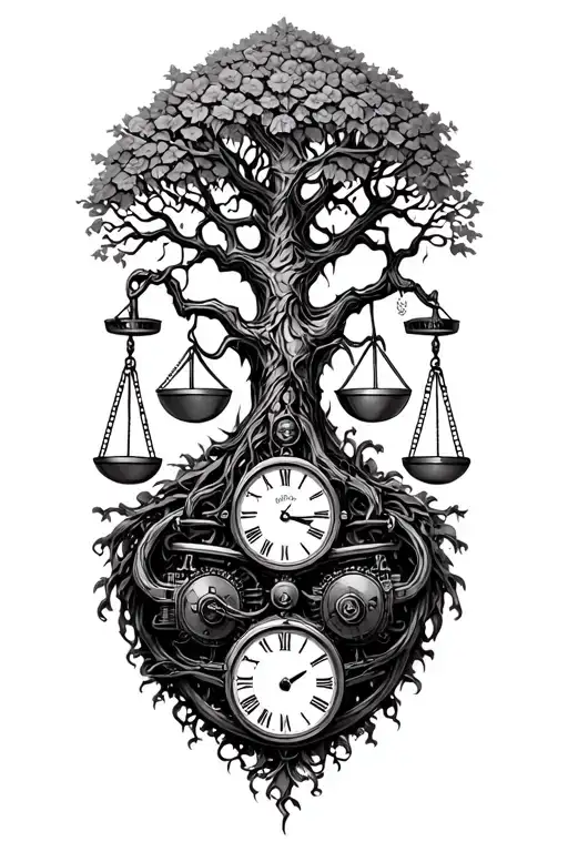 gothic tree of life intertwined with v-twin motor, libra scales and a clock tattoo design idea