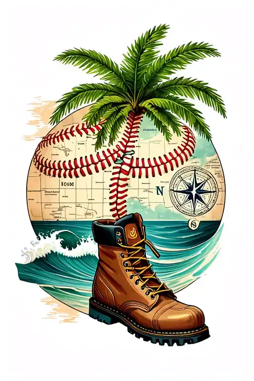 Baseball stiching forming into a single palm tree with a work boot and waves and a nautical compass . include of old map tattoo design idea