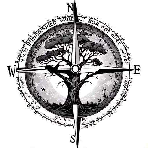 those who wander are not lost around a compass and a family tree with 3 kids names on it tattoo design idea