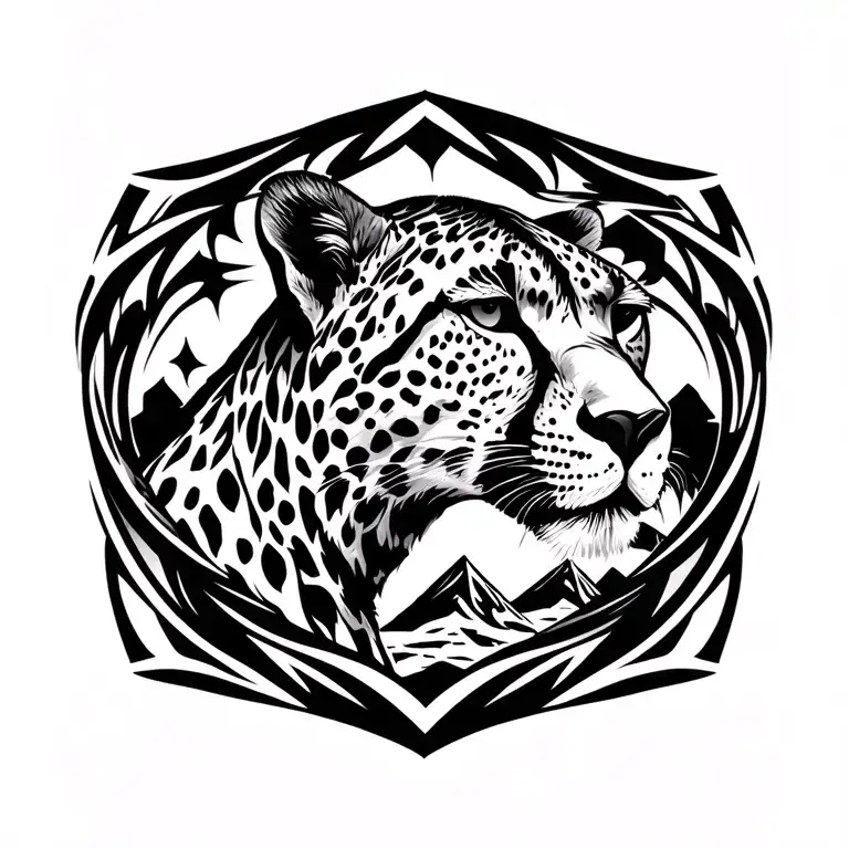 pure black tribal with cheetah and Mount Kilimanjaro theme tattoo design idea