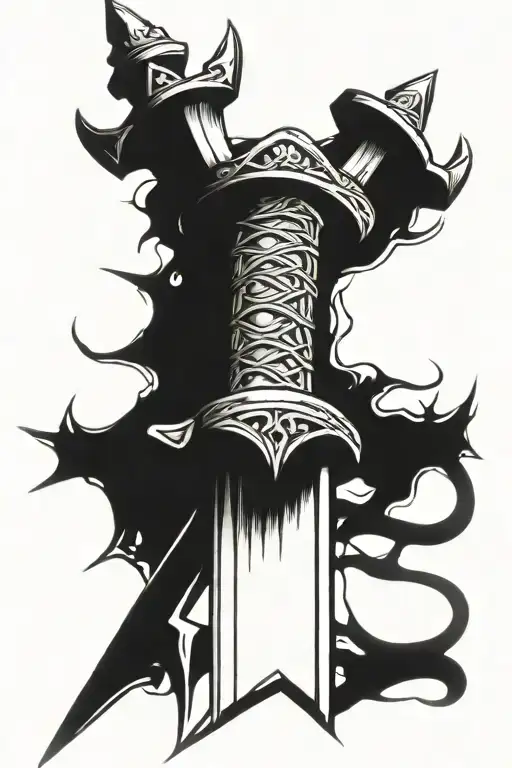 Sword with nails as the handle and a crown of thorns on top tattoo design idea