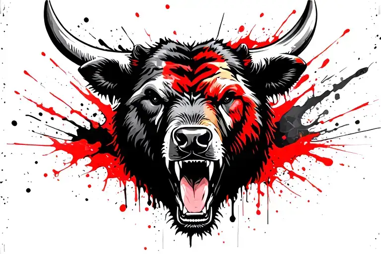 Roaring bear head facing a ramming bull head sillouette tattoo design idea