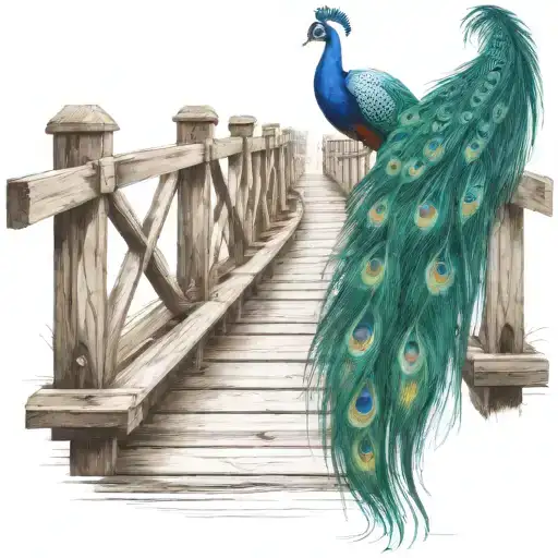 wooden bridge with peacock feather intertwined tattoo design idea