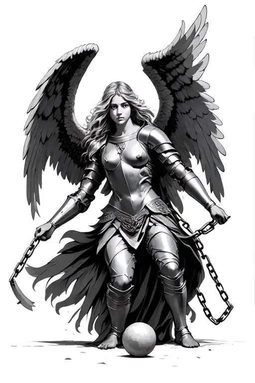 Angel in armor being brought down by a ball and chain tattoo design idea