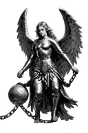 Angel in armor being brought down by a ball and chain tattoo design idea