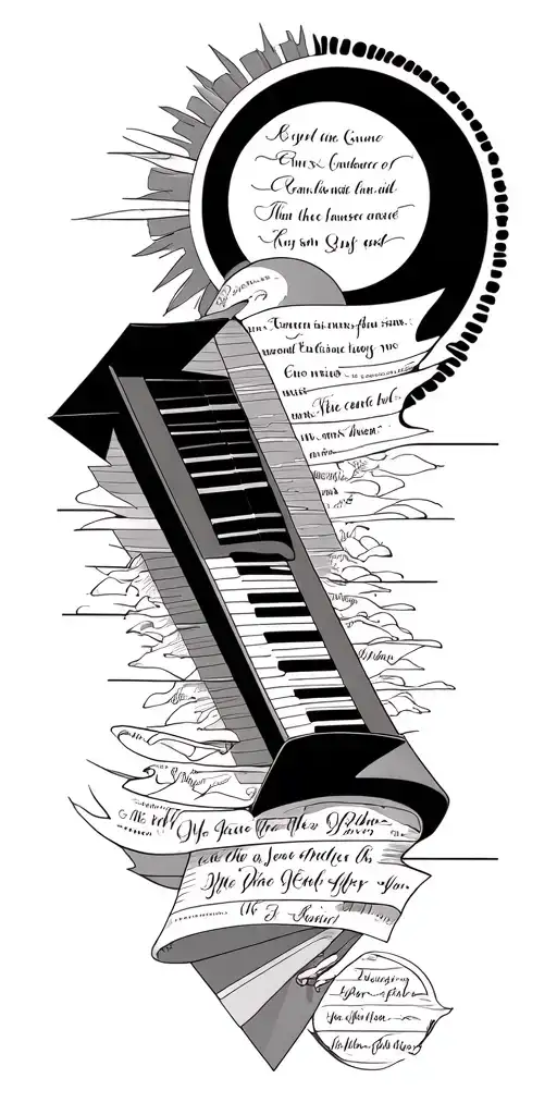 A minimalist that has a piano, a scripture, a small scroll with names, Jesus Christ, a sun and a moon, geometric lines,  tattoo design idea