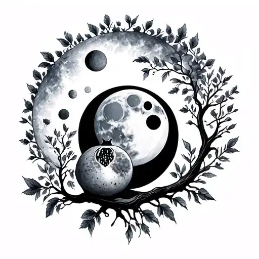Pomegranate moon phases growth tree cosmos tattoo design idea