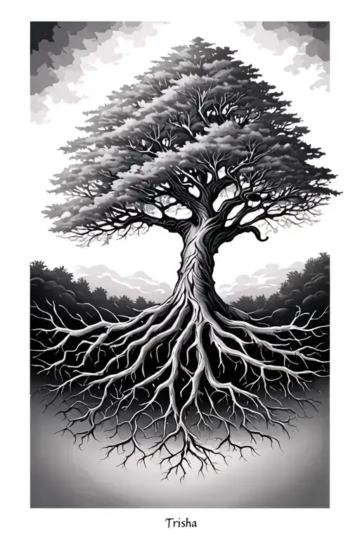 tree with roots spelling "Trisha" and branches for Serenity, Brooke, and Audrey tattoo design idea