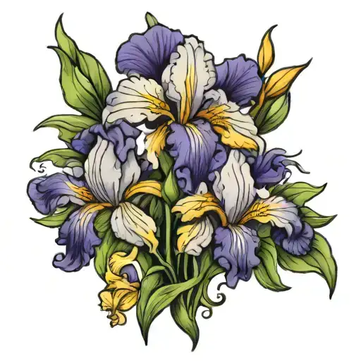 Iris violet flower bouquet with sun  tattoo design idea
