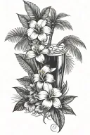 frangipani flower, hibiscus flower, palm tree, coconut drink tattoo design idea