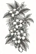 frangipani flower, hibiscus flower, palm tree, coconut drink tattoo design idea