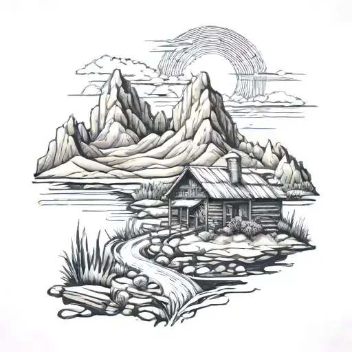 mountain with a river cabin and cornfield abyss tattoo design idea