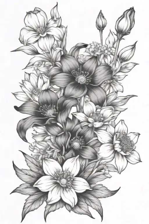 cosmos, marigold, daffodil and jonquils bouquet tied tattoo design idea