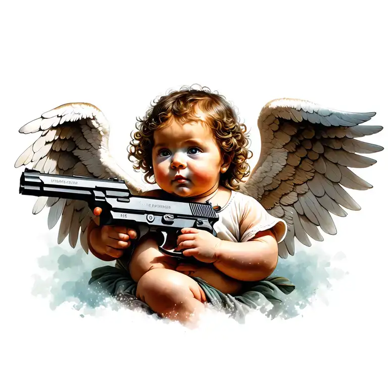 baby angel holding gun tattoo design idea