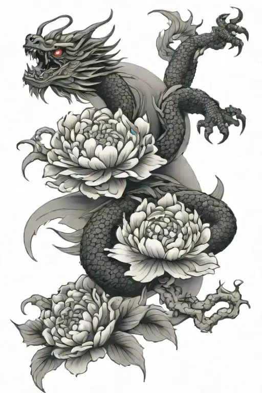 Japanese dragon and peonies tattoo design idea
