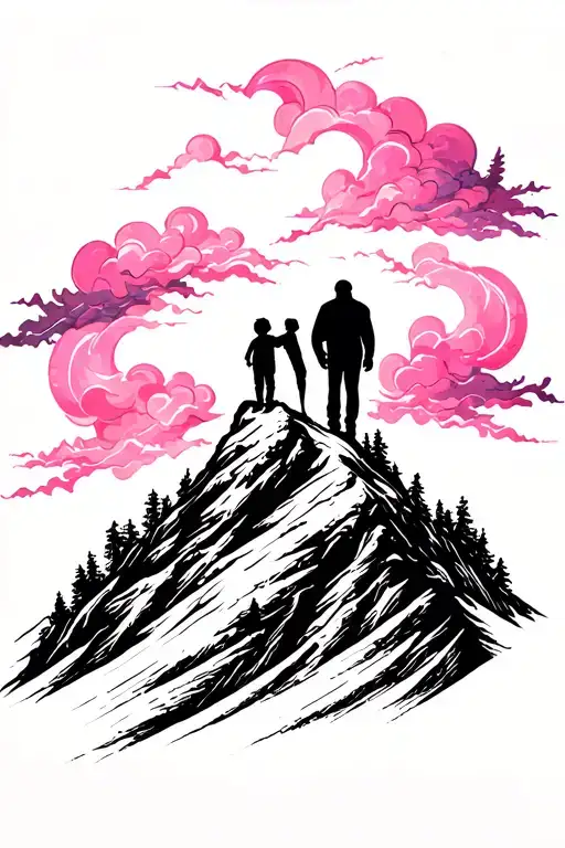 A tattoo of a father and child silhouette standing on a mountain peak, with pink clouds swirling around them, symbolizing the client's role as a dad and his connection to the natural world tattoo design idea