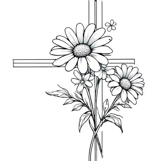 fine line tatto with daisy and forget me not flowers in front of simple cross tattoo design idea