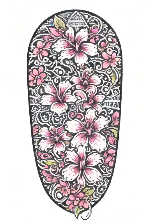 wrist to elbow sleeve with hibiscus flowers and lots of cherry blossoms with a cut out cross in the middle tattoo design idea