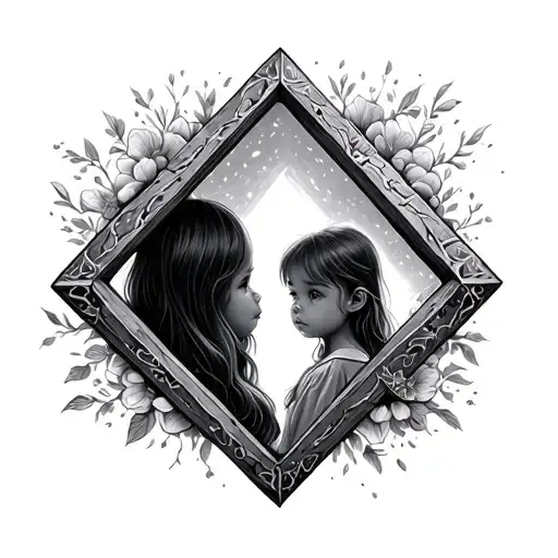 diamond shaped portal with a silhouette of a little girl peeking through the portal tattoo design idea