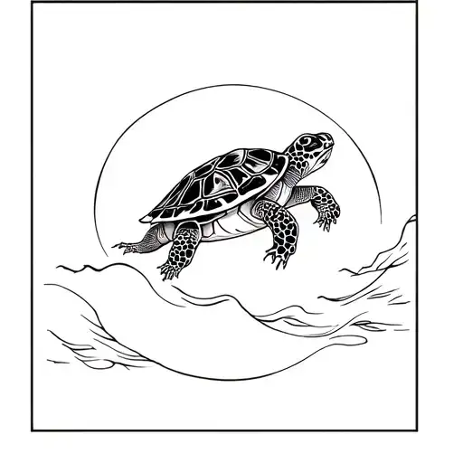 A japanese wave design with a red eared slider  turtle on it  tattoo design idea