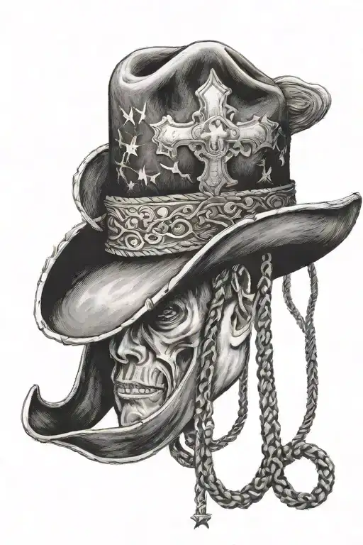cross cowboy hat hanging on it with wrestling headgear hanging off the left of the cross tattoo design idea