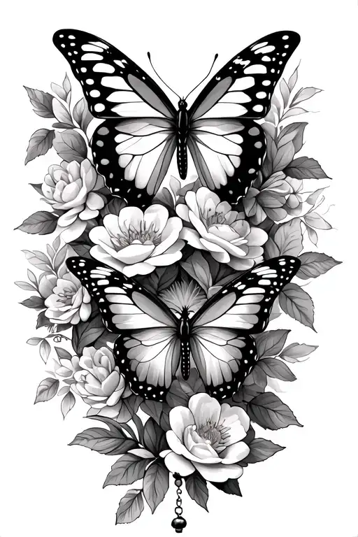 several butterfly with flowers and a rosary tattoo design idea