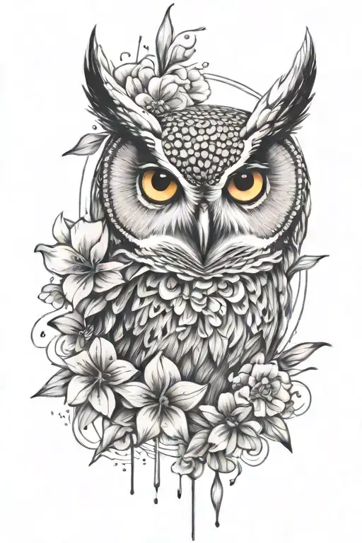 owl face with no geometric surrounded by cosmo flower and gladiolus flower tattoo design idea