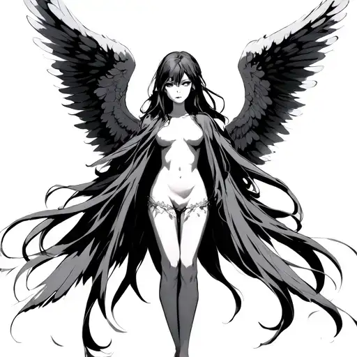 anime female angel with six wings spread wide and eyes on the wings her having beautiful long hair and no face tattoo design idea