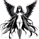 anime female angel with six wings spread wide and eyes on the wings her having beautiful long hair and no face tattoo design idea