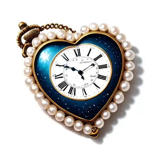 A heart-shaped pocket watch with a white pearl border, pointing to midnight. tattoo design idea